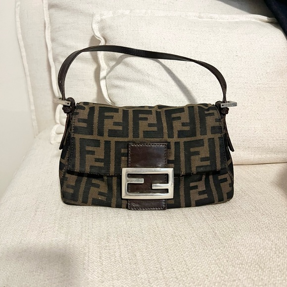 Fendi Handbags - RARE Vintage Fendi Mini Mama Baguette in Brown and Black Logo Monogram Bag